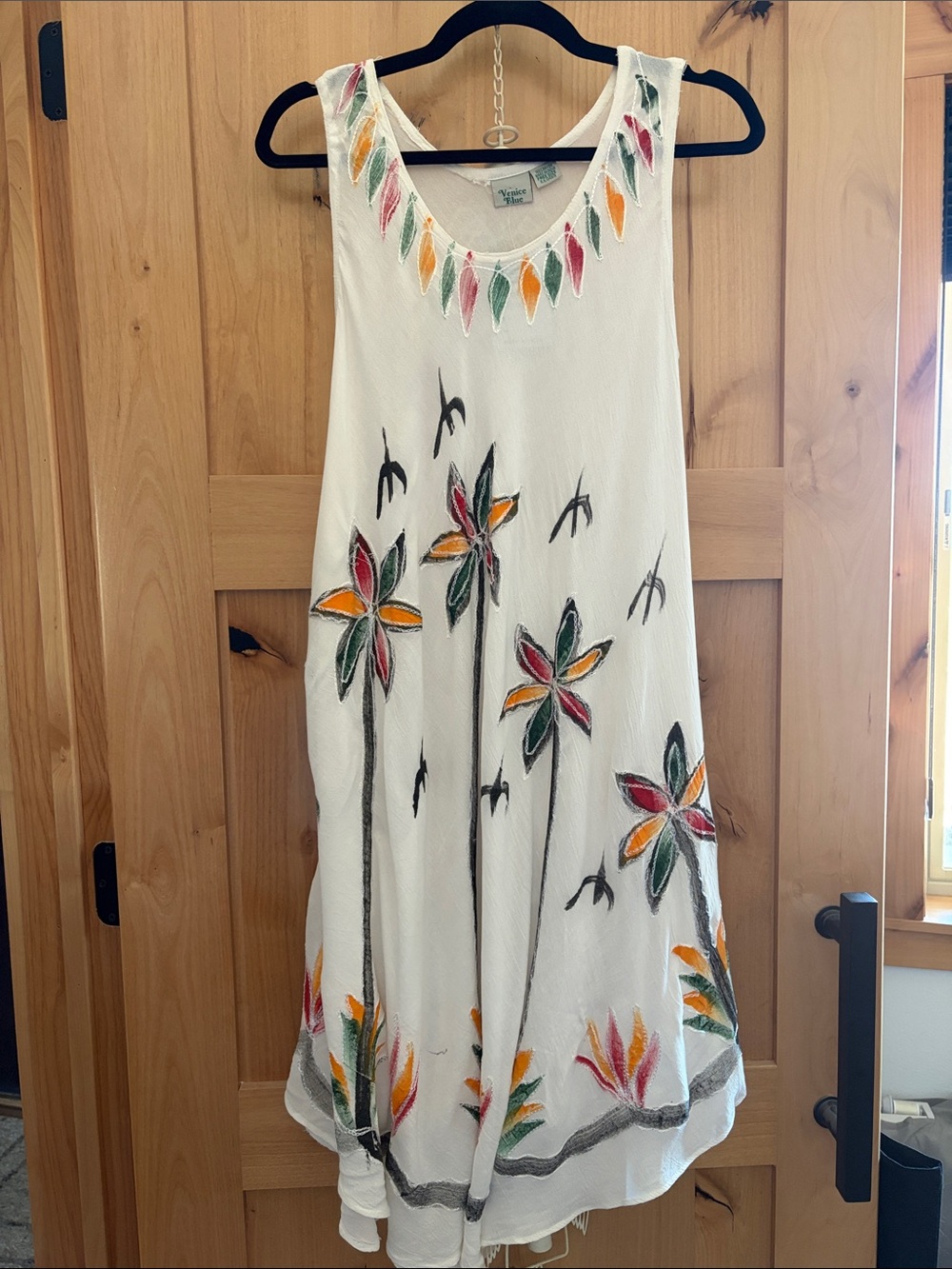 Summer embroidered White Sleeveless Dress with Multicolor Floral Paint-one size